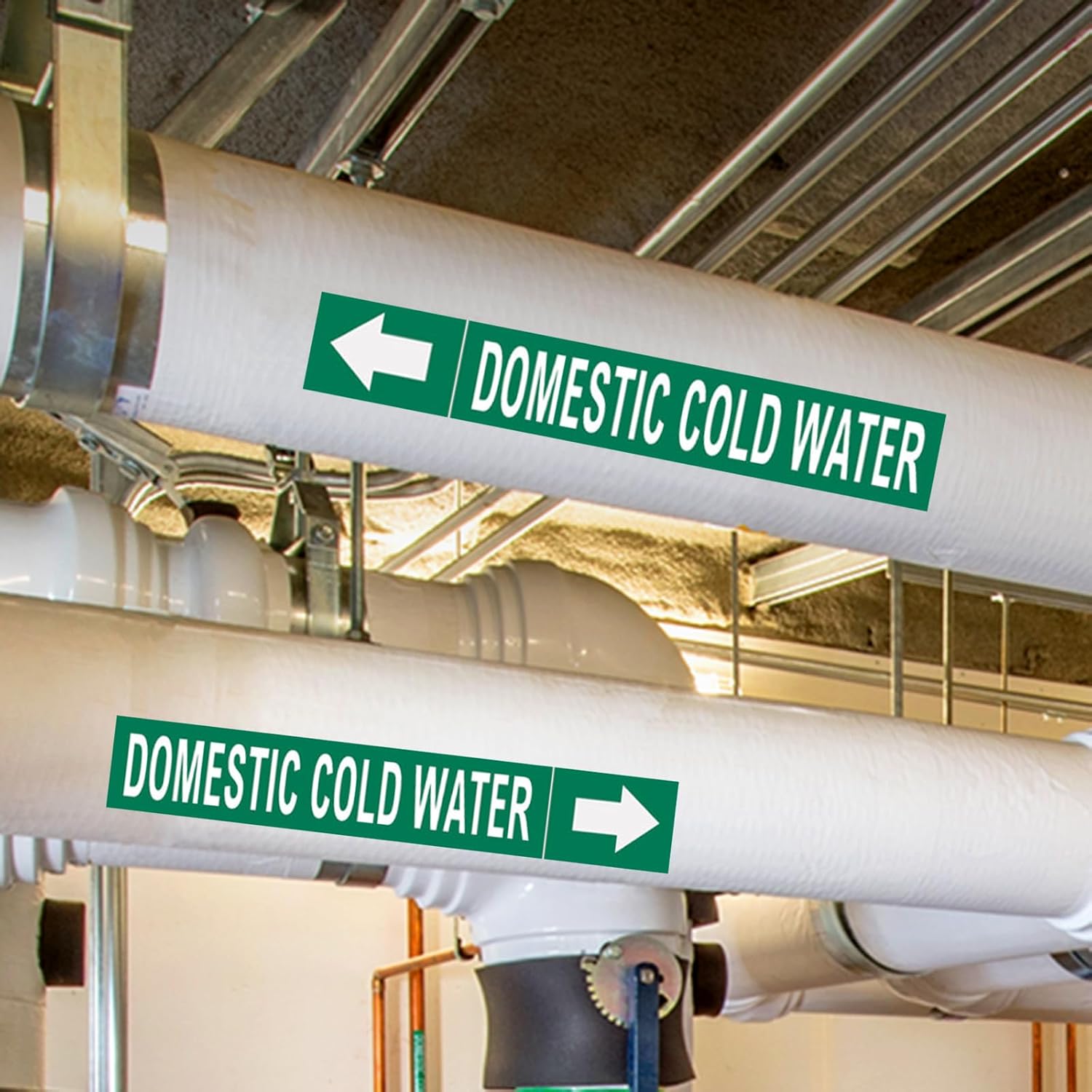 Pipe Labels Stickers - Water Pipe Markers,"Domestic Cold Water",Waterproof Self-Adhesive,1" H x 8" W,30 Pcs/Roll