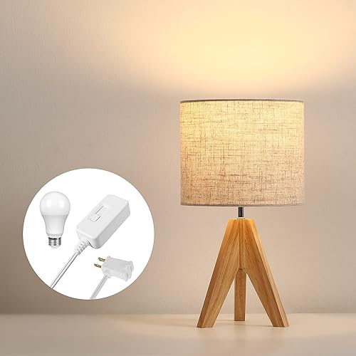 DEWENWILS Lámpara de mesa de noche, lámpara de mesa con trípode de madera con pantalla de tela de lino, interruptor de atenuación en línea de mesa y
