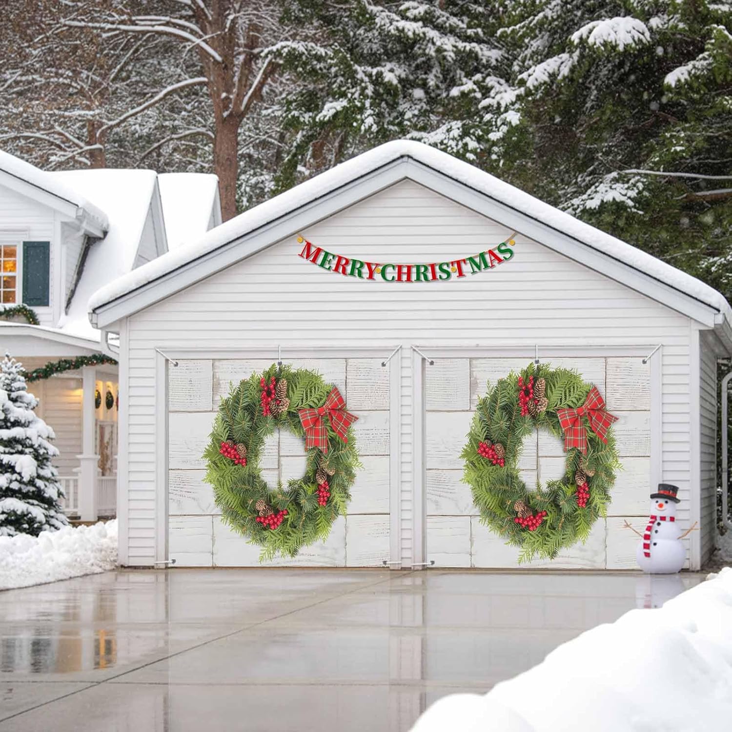 Christmas Wreath Garage Door Banner Cover 7 x 16 ft, Red Berry Pinecone Greenery Red Plaid Bowknot Wood Grain Garage Door Decorations Holiday Christmas Backdrop Decor for Winter New Year Xmas Party