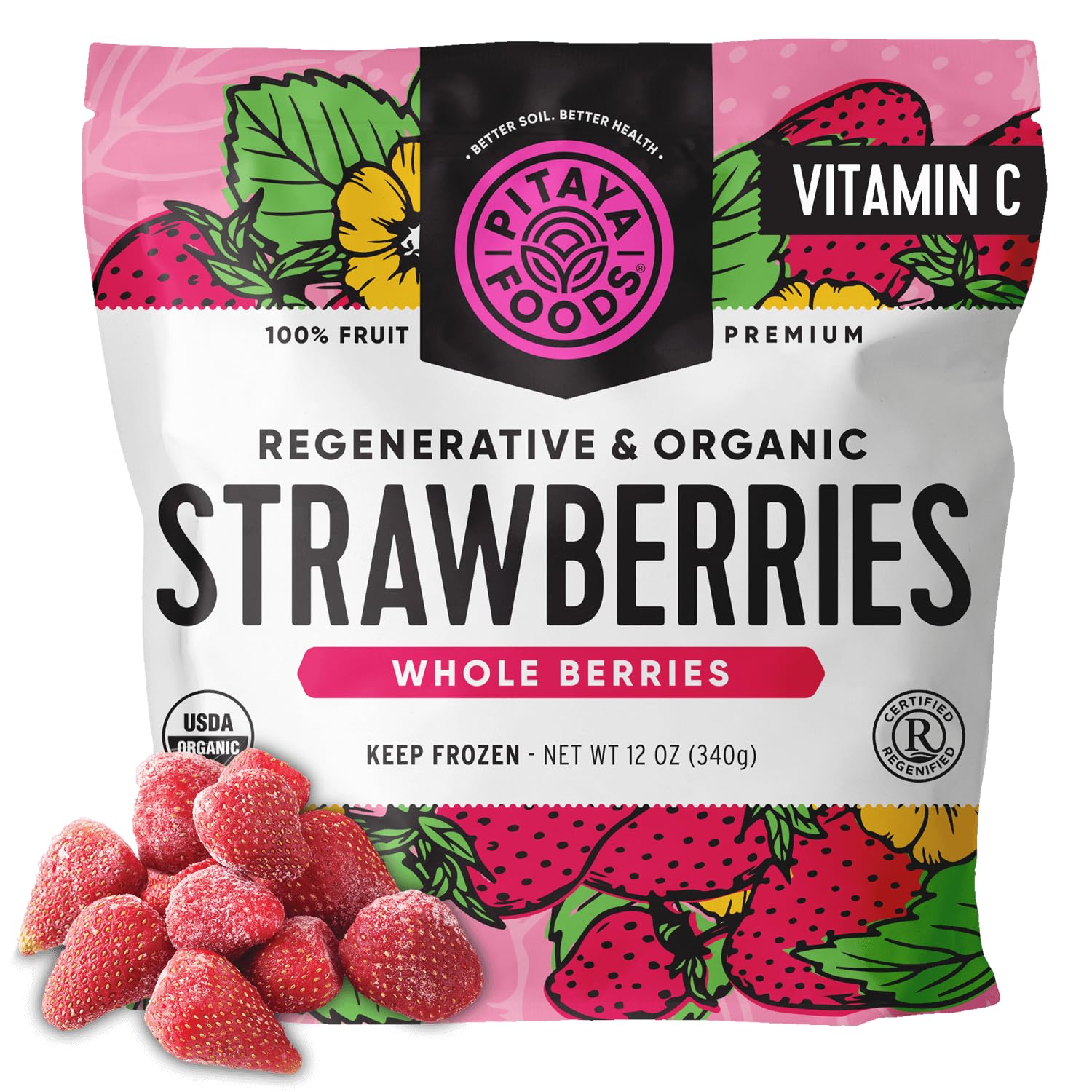 Pitaya Foods Regenerative Organic Frozen Strawberries - 12oz Whole Berries, No Sugar Added, High Vitamin C, Fiber-Rich, Non-GMO