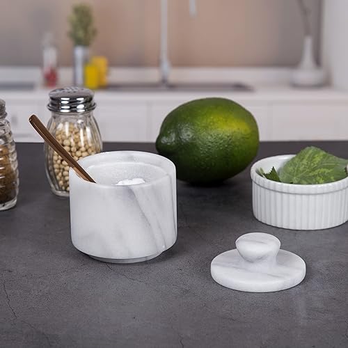 Miniatura 3 de Creative Home Recipiente redondo de mármol natural para sal y especias para sal y pimienta, 3 pulgadas de diámetro x 3.3 pulgadas de alto, blanco
