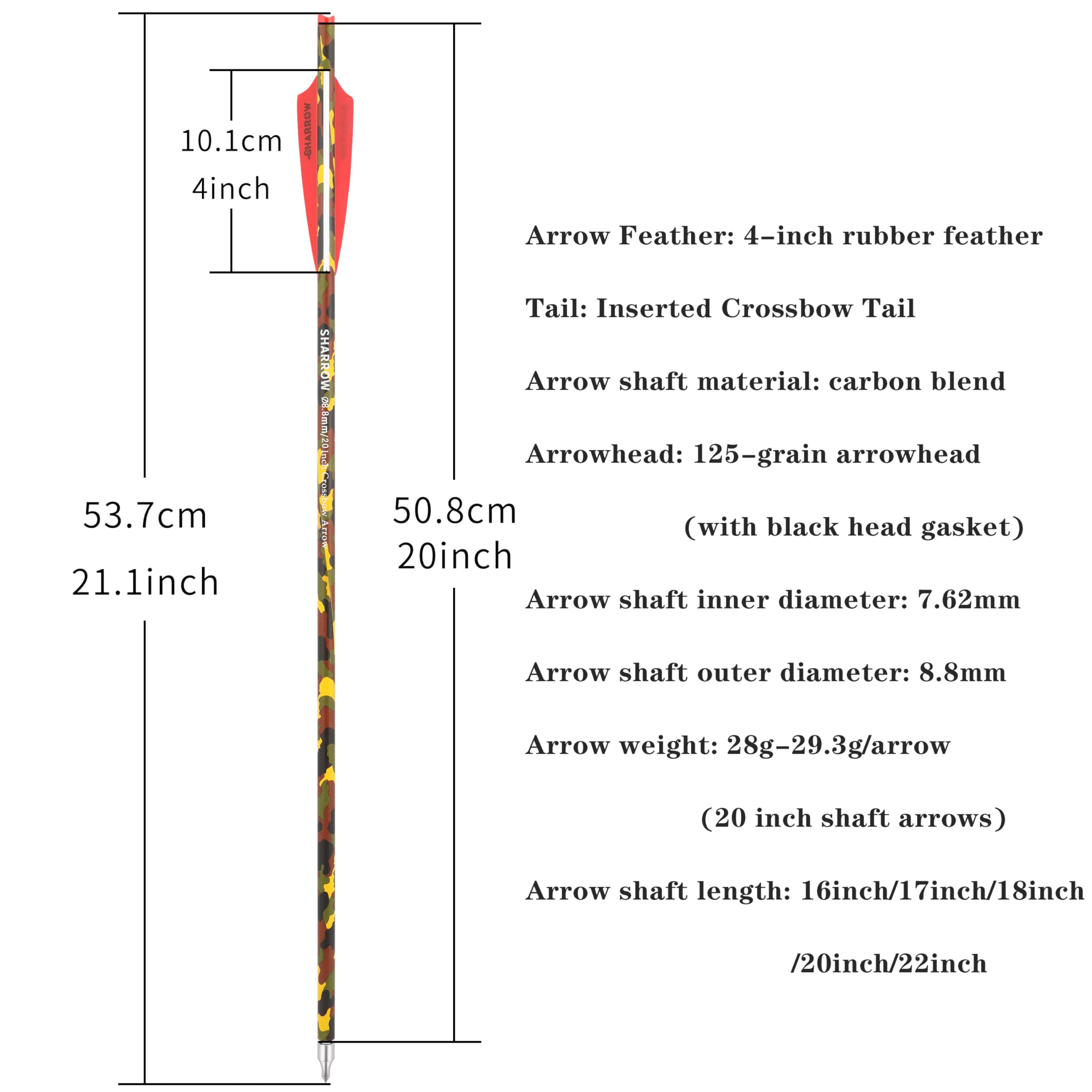 Freccia di Balestra di tiro con L'Arco 16" 17” 18" 20” 22" Frecce di Balestra in Carbonio con Piuma da 4” per la Pratica di obiettivi di Caccia 12Pcs