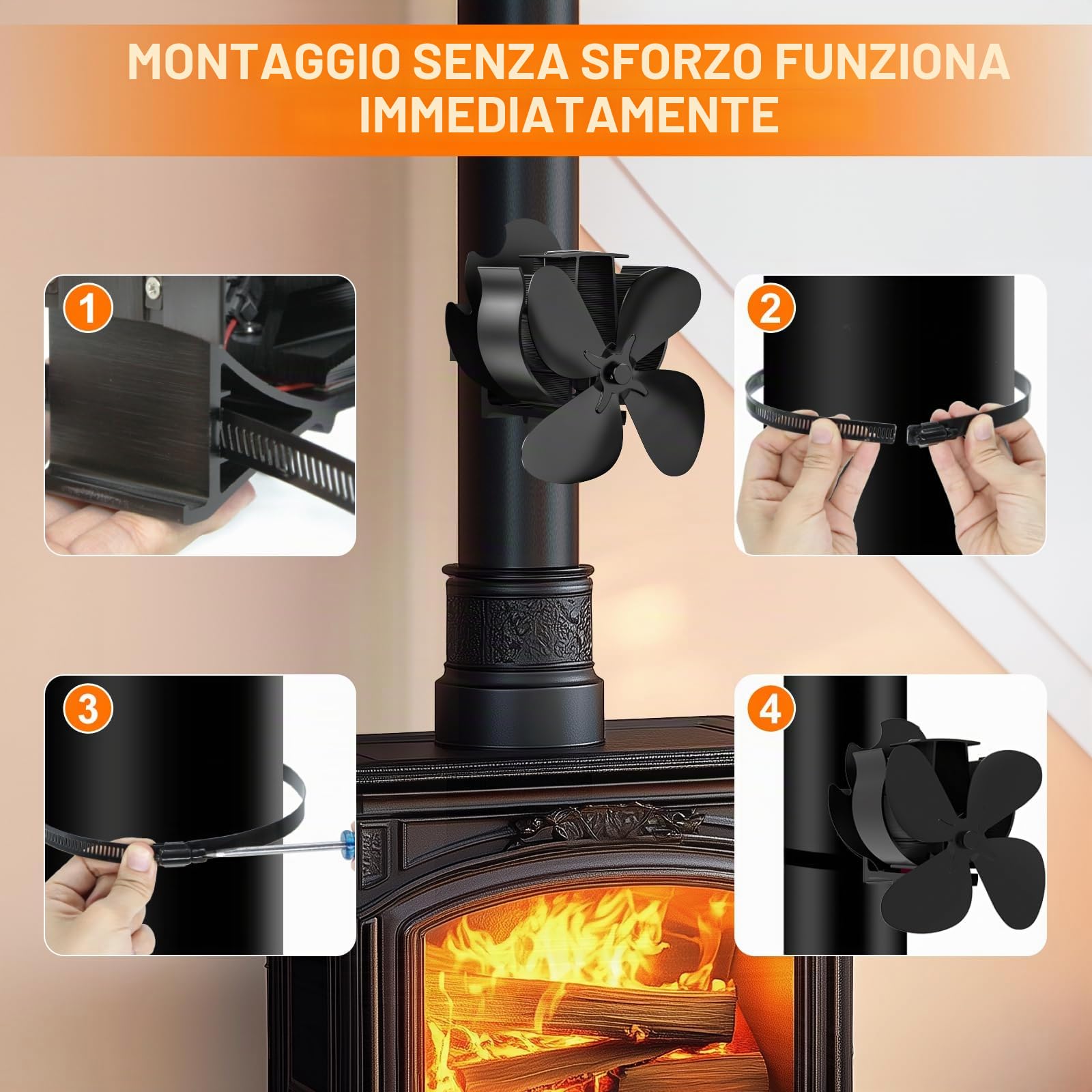 Ventilatore Per Stufa 4 Pale, Doppia Testa Ventilatore Stufa Silenzioso, Heat Circulation, Economia Ventola per Stufa Legna Adatto Tutte Caminetti (4 Pale)