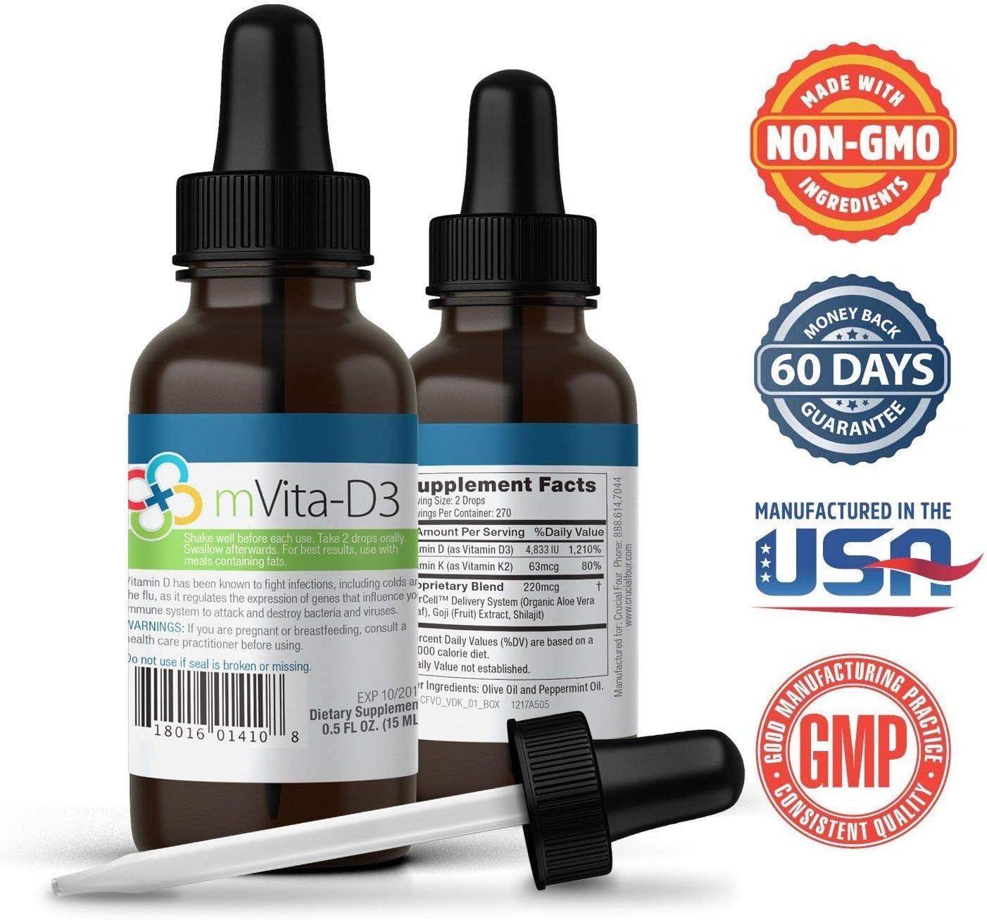 New Premium Vitamin D3 with K2 Liquid Drops – Includes Organic Aloe Vera, Goji for Absorption – Supports Immune & Bone Health – 4,833 IU of D3 & 63mcg of K2 MK7 Per Serving