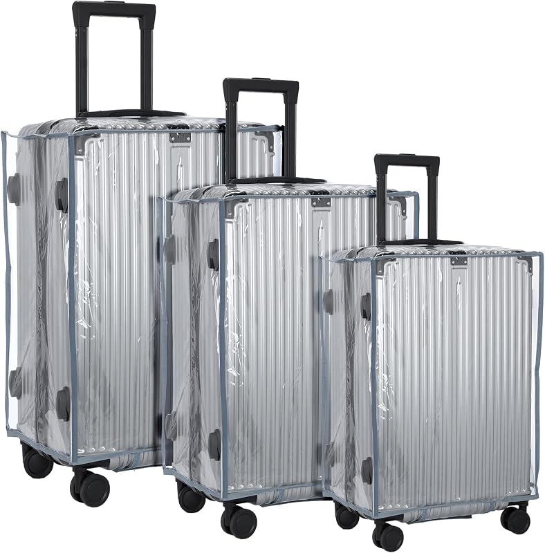 3 Pieces Clear Luggage Cover PVC Suitcase Luggage Protector for 20" 24" 28" Luggage Waterproof Cover(Gray Border,Regular Style)