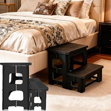 8x17inch Collapsible 2-Step Stool, Non-Slip Hot Tub Steps Outdoor, Foldable Step Stool, Hold up to 300 lbs, Plastic 2 Step Pool Stool for Kitchen Office Home RV, Black (Black)
