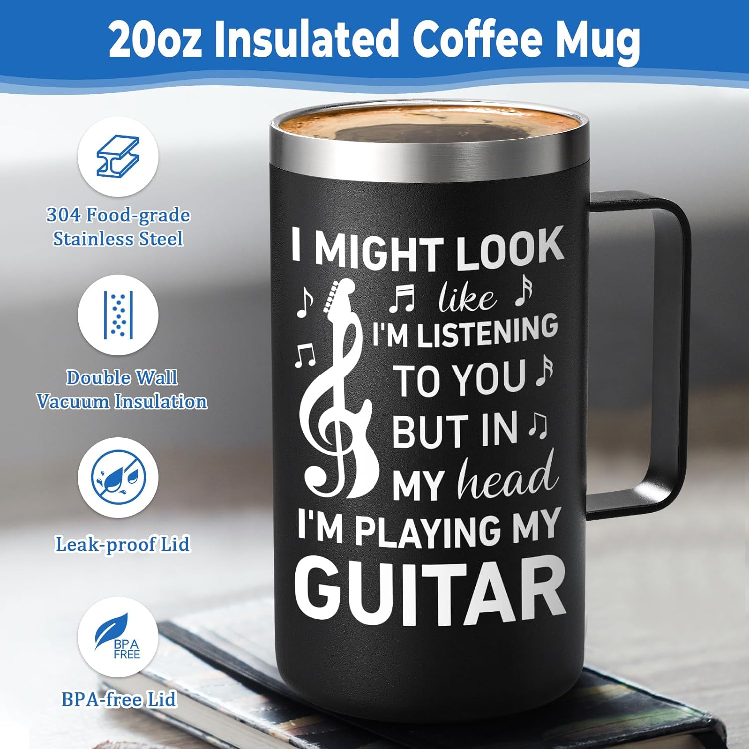 Lifecapido Guitar Gifts for Men, I Might Look Like I'm Listening To You 20oz Insulated Coffee Mug with Keychain, Birthday Christmas Gifts for Guitar Players Lovers Guitarists, Black - Image 4