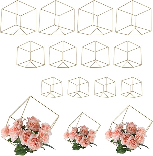 12 centros de mesa de flores para mesas de boda de metal, jarrones dorados, centros de mesa geométricos de metal para flores, soporte de columna