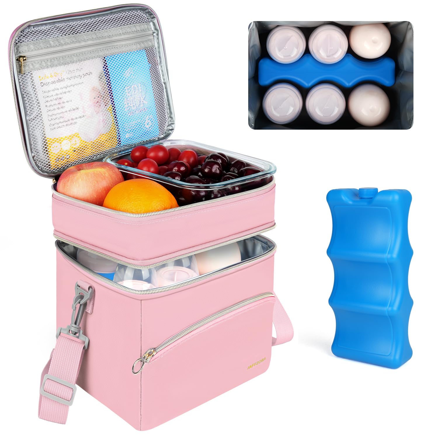 Jaffzora Breastmilk Cooler Bag with Ice Pack, Insulated Baby Bottle Tote Bags Fits 6 Baby Bottles Up to 9 Ounce, Double Layer Breastmilk Case