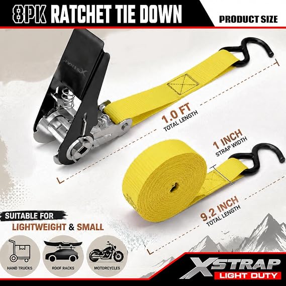 XSTRAP STANDARD Ratchet Straps, 8-Pack 1 x 10FT Ratchet Tie Down Straps Set, 900 LBS Break Strength Logistic Cargo Straps for Motorcycle, Move Appliances, Lawn Equipment, Trucks (Yellow)