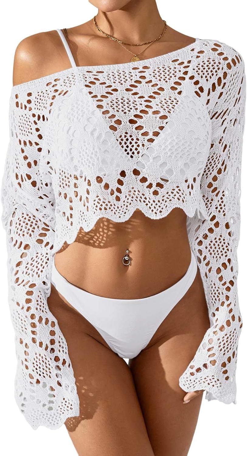 Womens Crochet Swimsuit Coverup Cropped Tops Summer 2025 Off Shoulder Ruffle Trim Beach Bathing Suit Cover Up Top