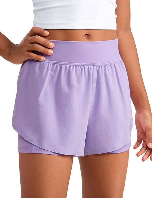CRZ YOGA Girls 2 in 1 Dolphin Athletic Running Shorts with Pockets High Waist Teen Kid Workout Casual Tennis Soccer Split
