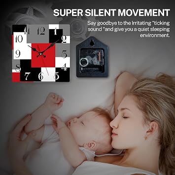 ArtSocket Wooden Wall Clock, Silent Non Ticking Red Black Grey Geometric Minimalist Checkered Square Rustic Home Decor Kitchen Living Room Office Decor