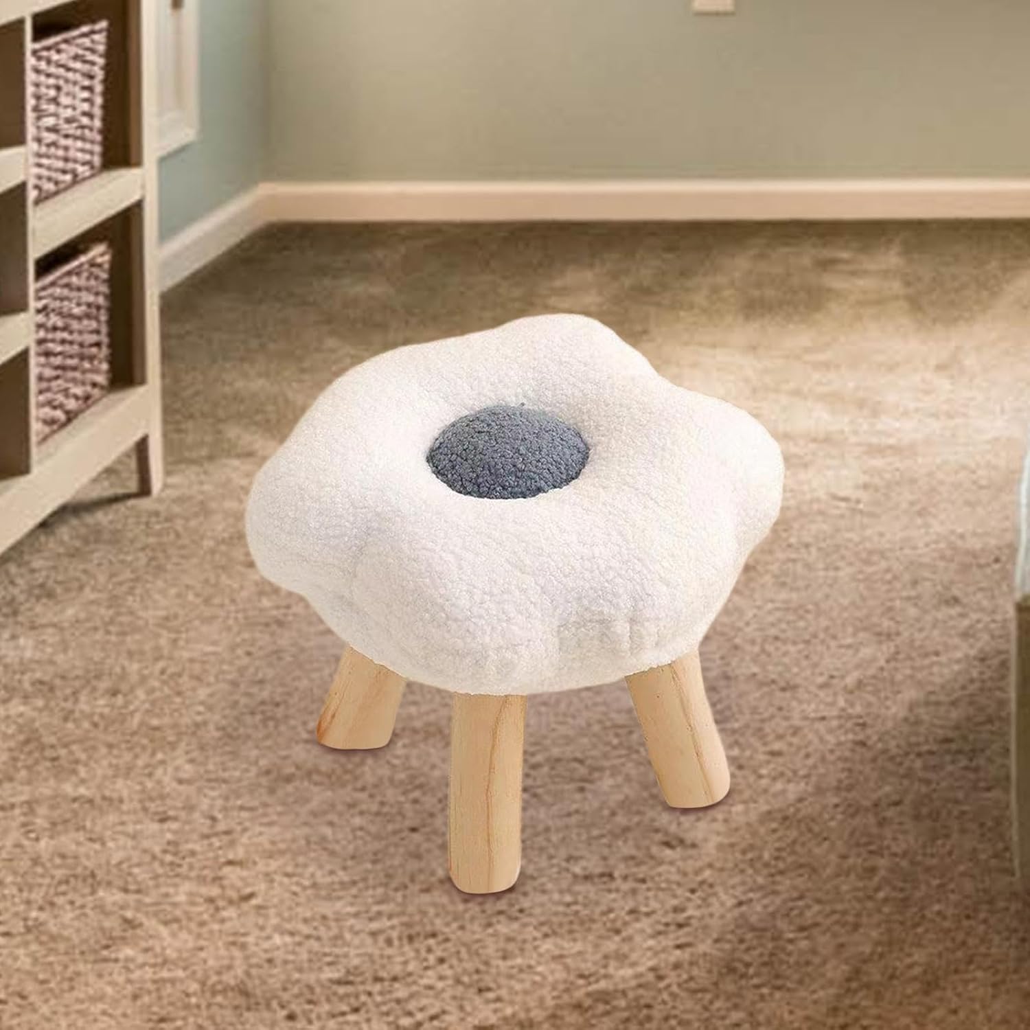 Ottoman Footstool with Wooden Leg Footrest, Multifunctional Flower Ssofa Stool for Entryway Bedside Living Room (Green)/White