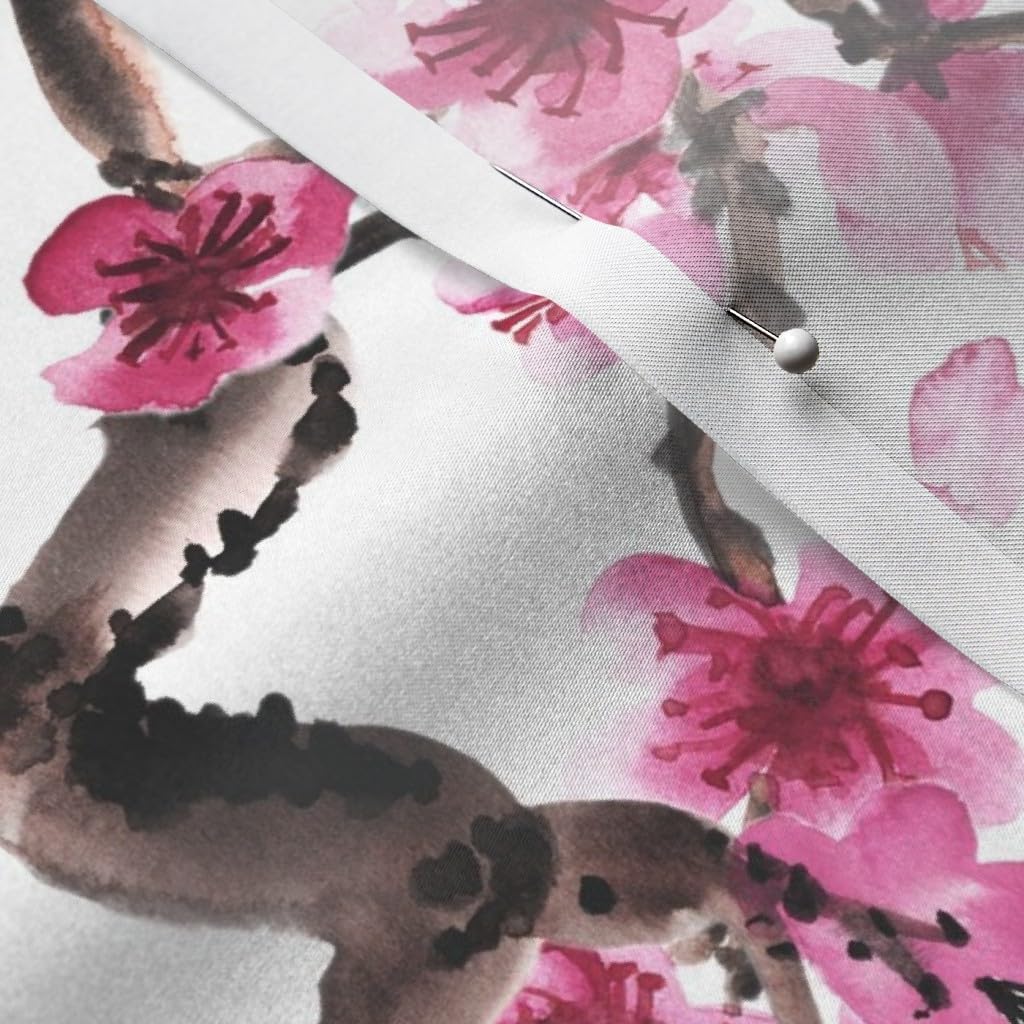 Spoonflower Fabric - Cherry Blossoms Spring Flower Pink Watercolor Japanese Inspired Tree Printed on Satin Fabric by the Yard - Sewing Lining Apparel Fashion Blankets Decor