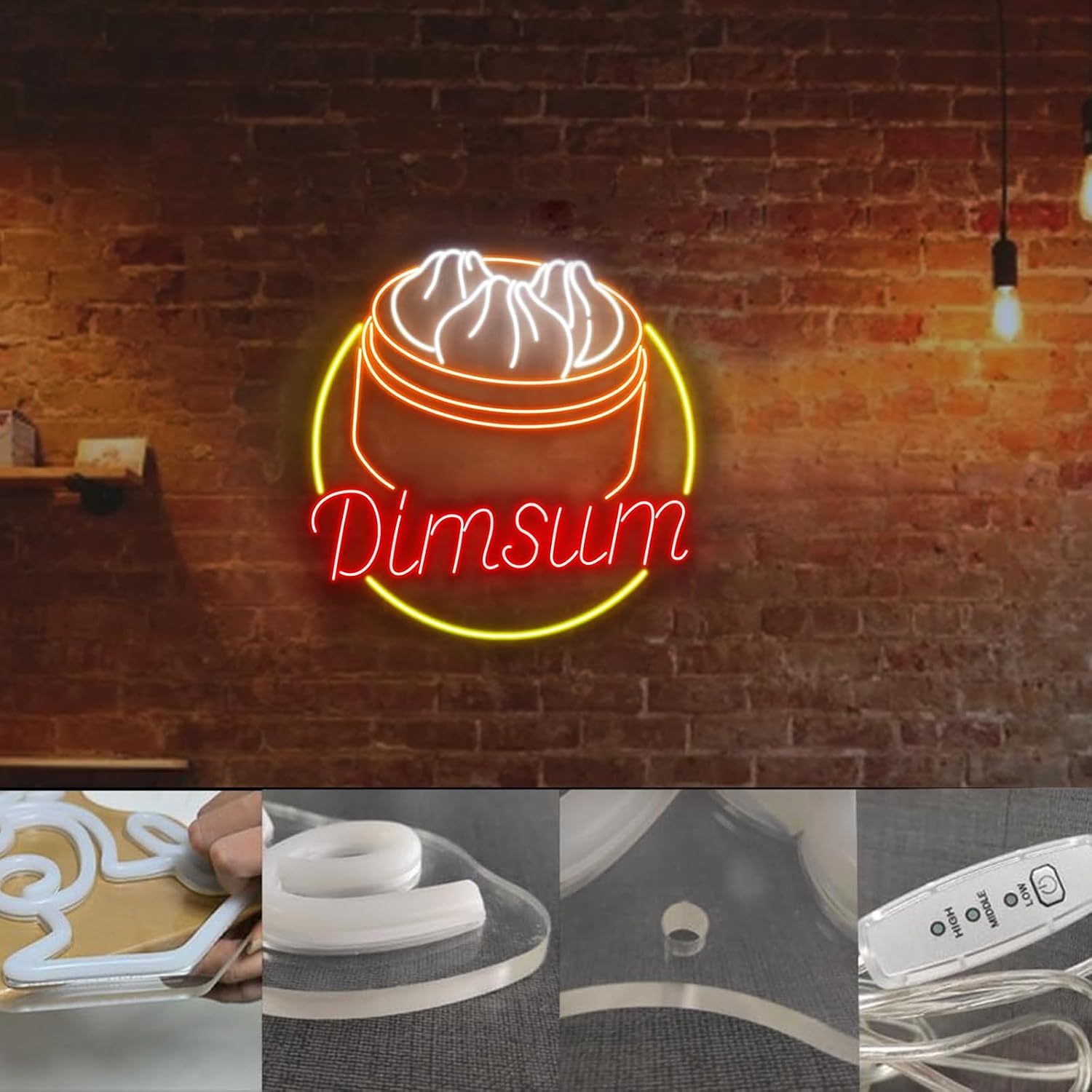 Dimsum Neon Sign 20inches Led Dim Sum Light Up Asia Food Sign Dimmable Wall Decor for Chinese Restaurant Kitchen Party Decoration Gift
