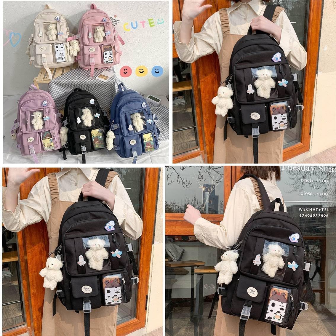 Kawaii Backpack with Cute Plush Pendant IDA Windows Pins Travel Daypack Spacious (Black)