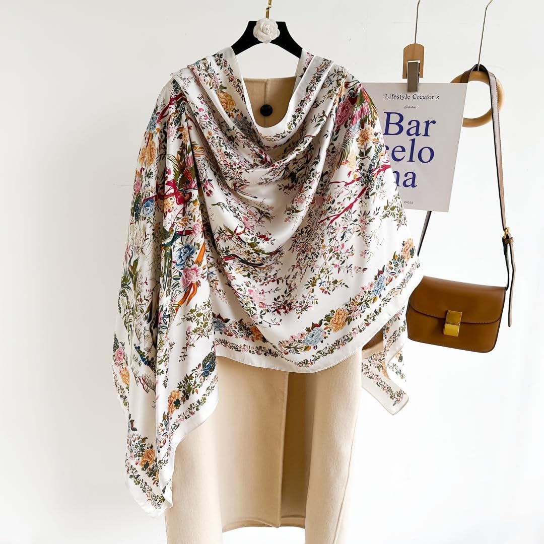 WaJuemy Elegant Silk Scarf Shawl for Women Lightweight Floral Satin Scarf Trendy Silky Scarves Headscarf Neck Shawls Wraps