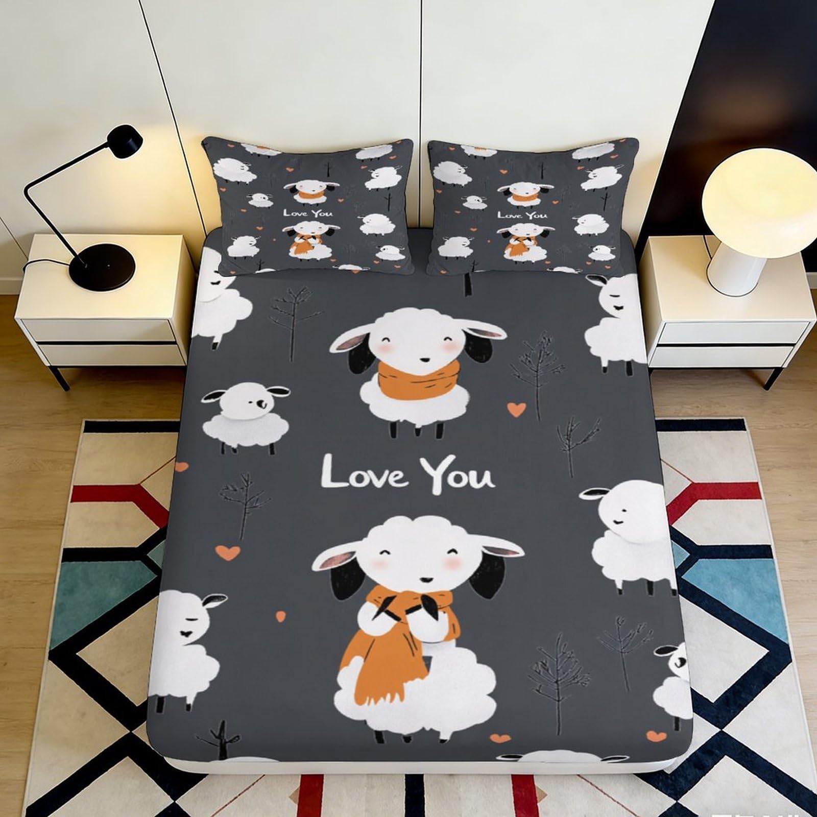 3D Printed Cute Sheep Fitted Sheet Microfiber Soft Grey Cartoon Duck Mattress Cover for Bedroom Dorm Easy Care 90x200x25cm