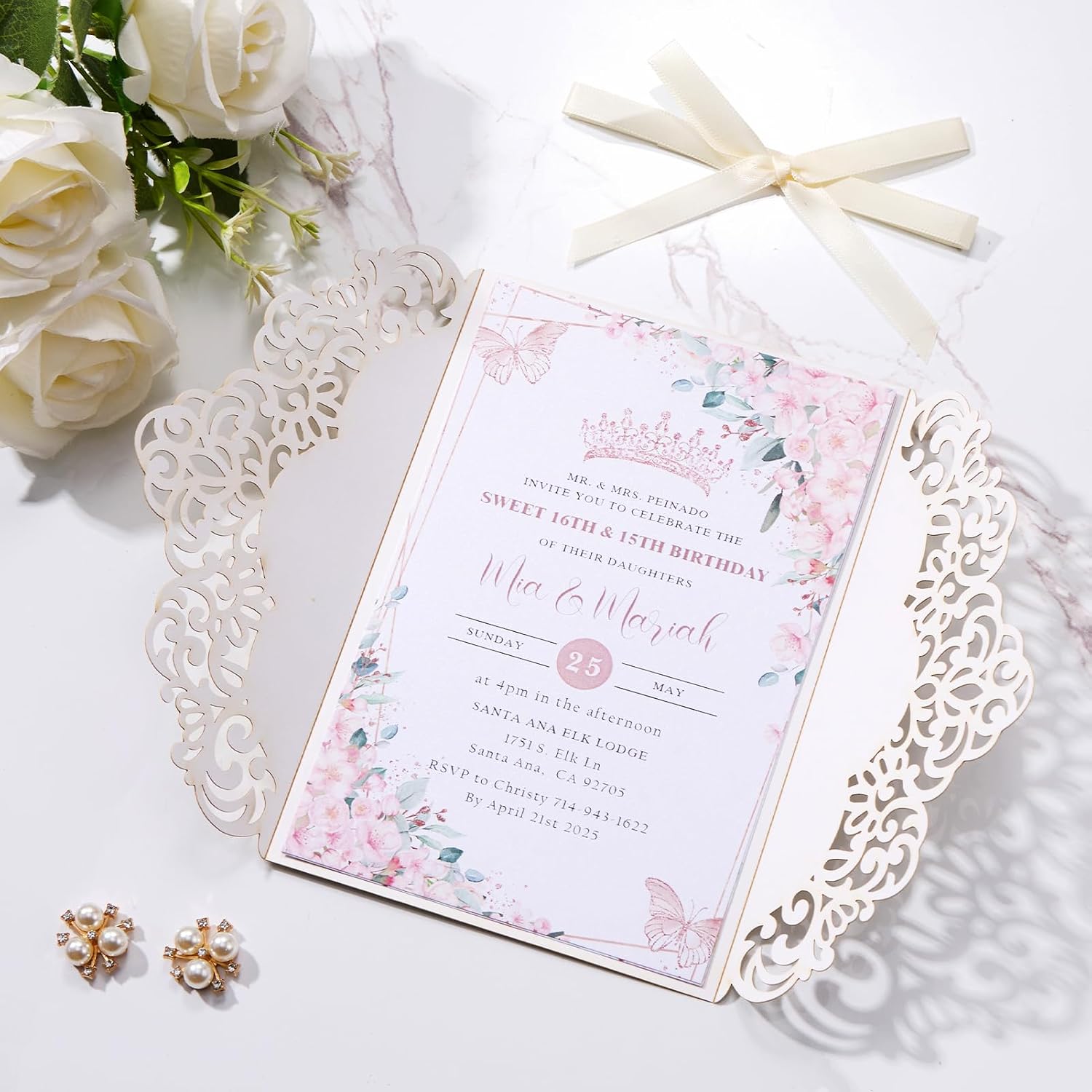 50PCS Laser Cut Wedding Invitations Cards with Envelopes, Blank Inner Sheets, Ribbons for Wedding Quinceañera Baby Shower Birthday Invites (Pinkish Purple)