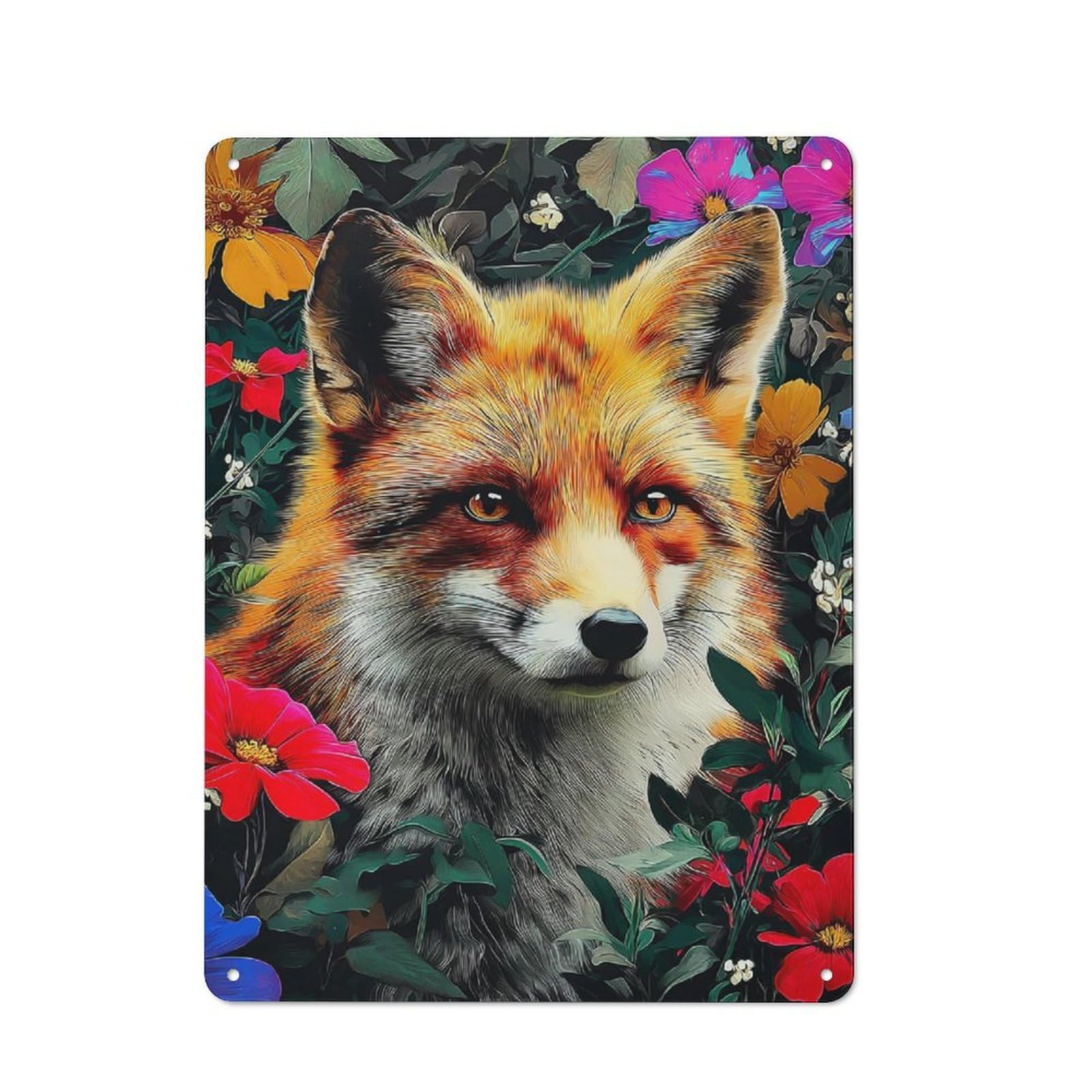 Junmoney Fox Amidst Flowers Retro Metal Plaque 40X30cm For Guest Room Or Hallway, Housewarming Present For People Styling Guest Room And Hallway