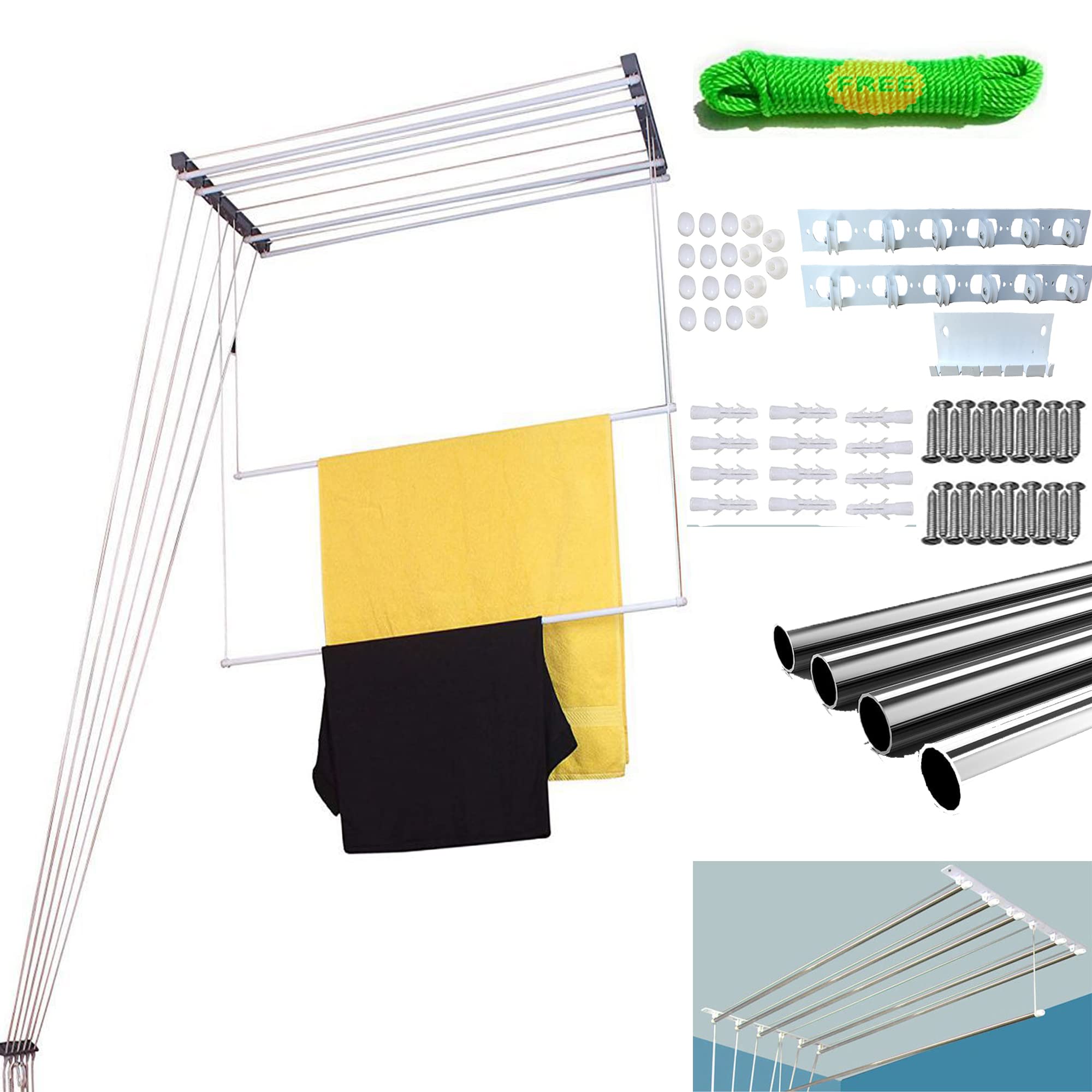 SAI PRASEEDA Rust Proof Stainless Steel Ceiling Clothes Hanger_Cloth Drying Hanging Stand for Balcony_Individual Dropdown Railers_Nylon Ropes_6 Feet X 6 Pipes with A Cloth Hanging Rope PHCS4