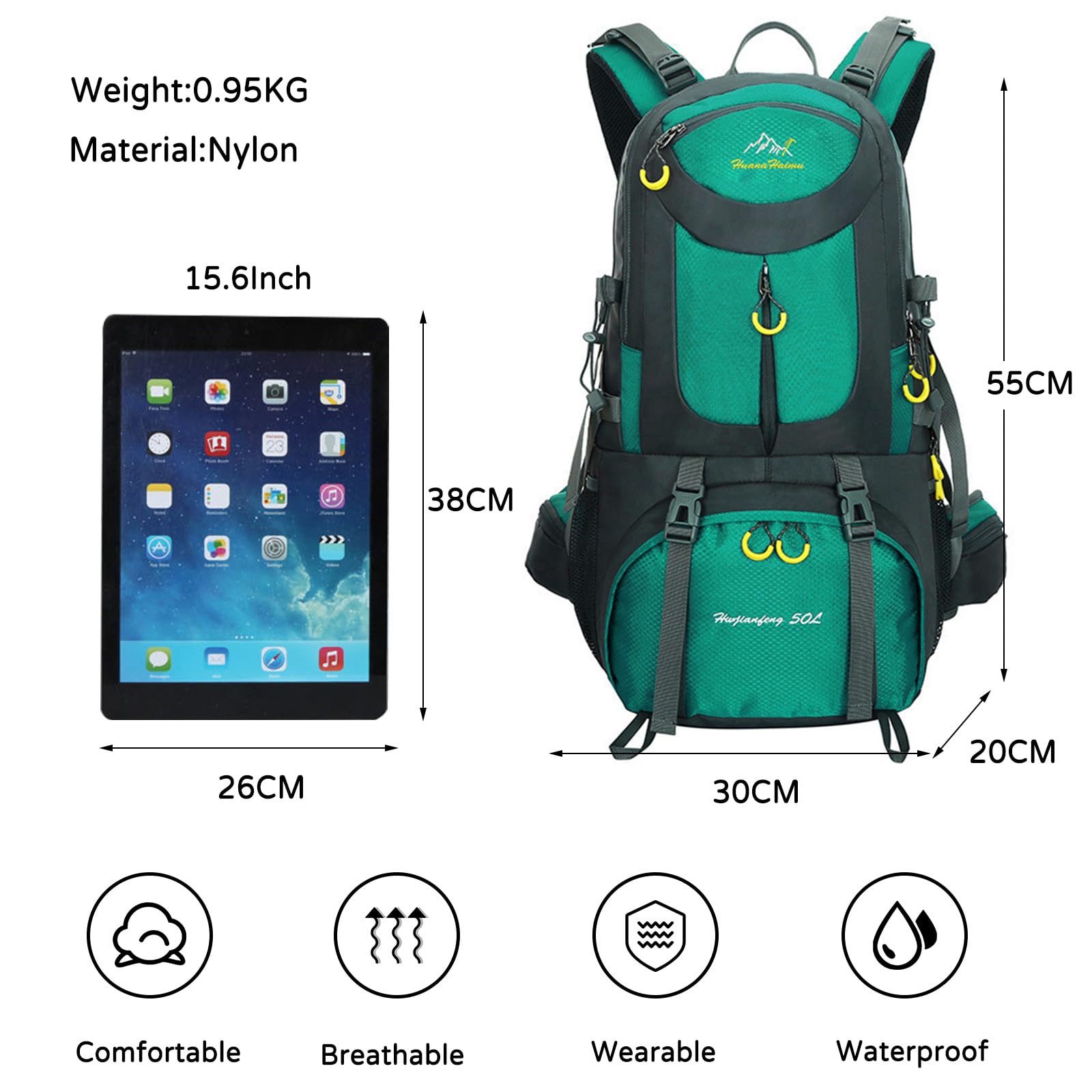 50L Wanderrucksack Wasserdichter Rucksack Reiserucksack Trekkingrucksack Hiking Backpack für Damen Herren Camping Radfahren Klettern Reisen Sport Seeblau