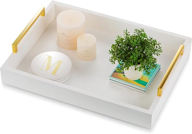Wooden Serving Tray with Gold Handle Large Food Tray Used for Party Lap Bed Coffee Table Decorative Tray for Perfume Jewellery Vanity Trinket Ideal for Breakfast Dinner Drinks Tea Candle, White
