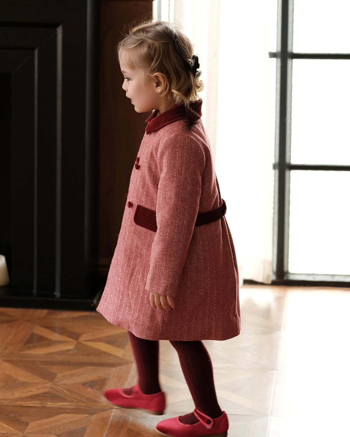 Twoflower Toddler Girl's Double-Breasted Trench Coat with Velvet Collar | Classic Fall & Winter Jacket Dress