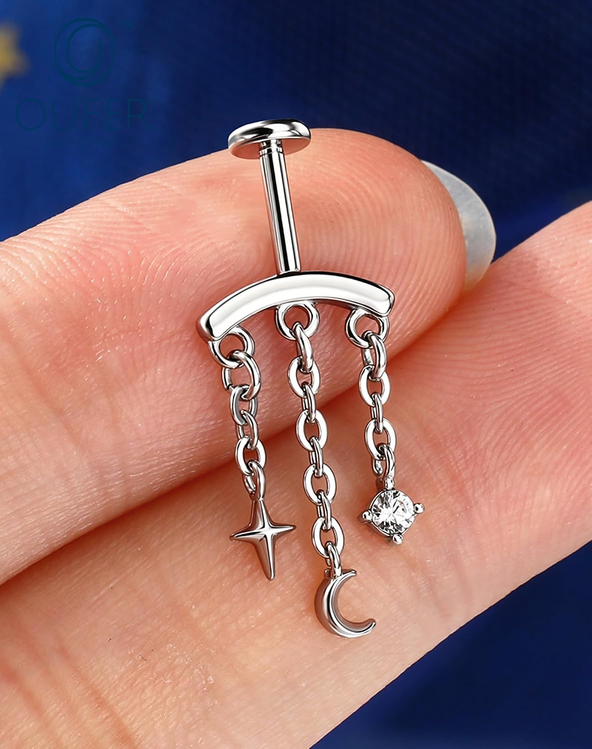 OUFER Hidden Helix Earring 16G 6mm Threadless Push Pin Upper Cartilage Piercing Jewelry, 316L Stainless Steel Star Moon Vertical Chain Dangle, 1.2mm x 6mm Flat Back Labret