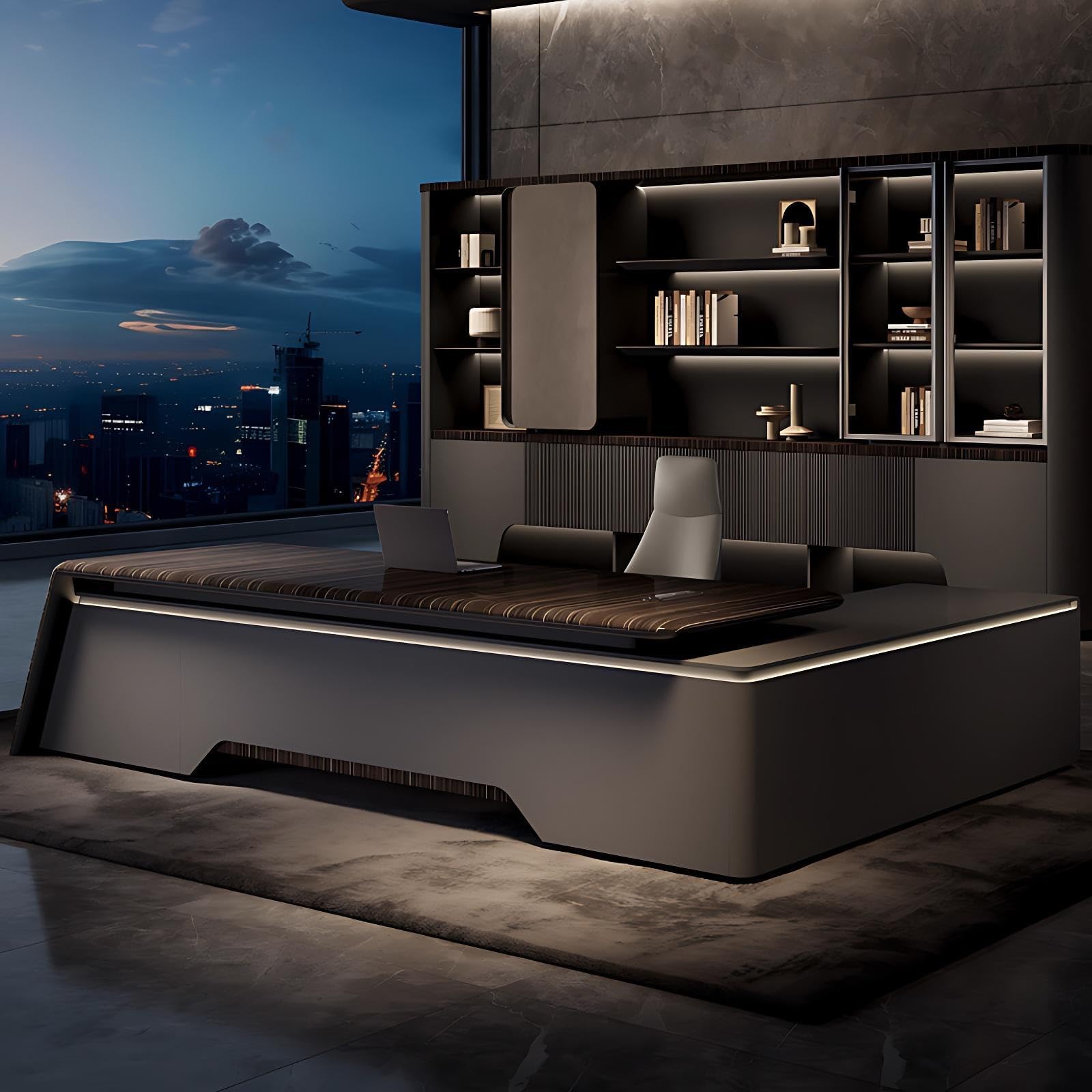 Executive Desk with Drawers – Executive Office Desk with LED Lights, Unique Desktop & Angled Leg Design, Solid Wood Home Office Desk, Fully Assembled, Customizable (Wood,94.5IN)
