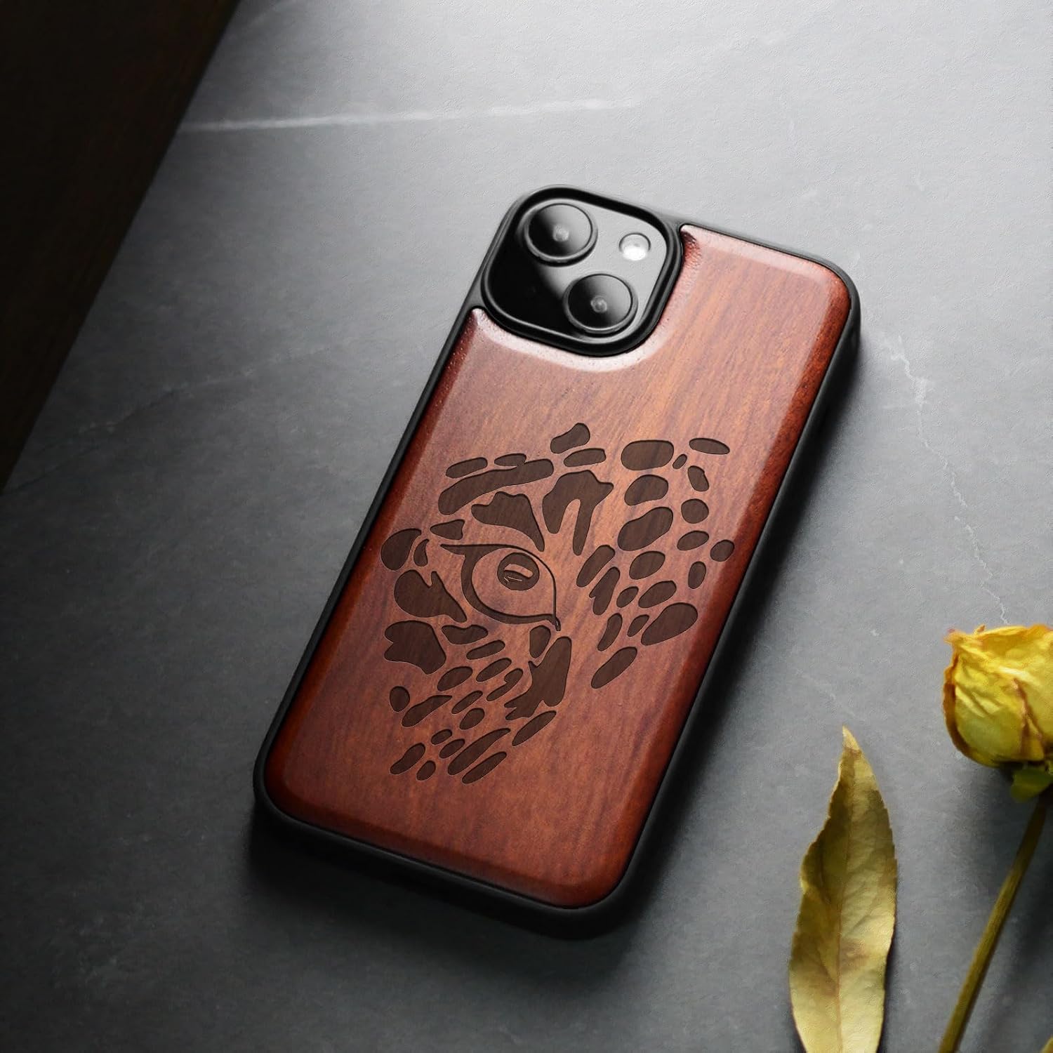 Carveit Magnetic Wooden Case for iPhone 15 Plus Case, Compatible with MagSafe Wireless Chargers, Black Soft TPU Shockproof Cover & Wood Artisan Engraved (The Eye of Untamed Strength) - Rosy