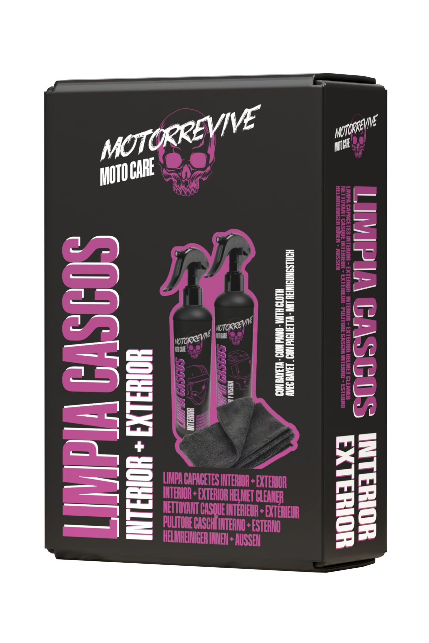 Pack Limpieza de Cascos de Moto 200 + 200 ml. Spray limpiador Interior + Exterior y Visera + Bayeta de Microfibra. Higiene Completa y Cuidado Profesional para Casco de Motocicleta