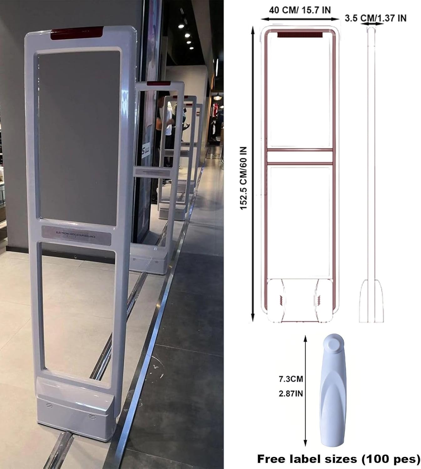 Retail Anti-Theft Equipment Kit, AM 58KHz Store Security Tower with 100pcs Reusable Tags, Loss Prevention Alarm System for Clothing Stores and Retail Businesses