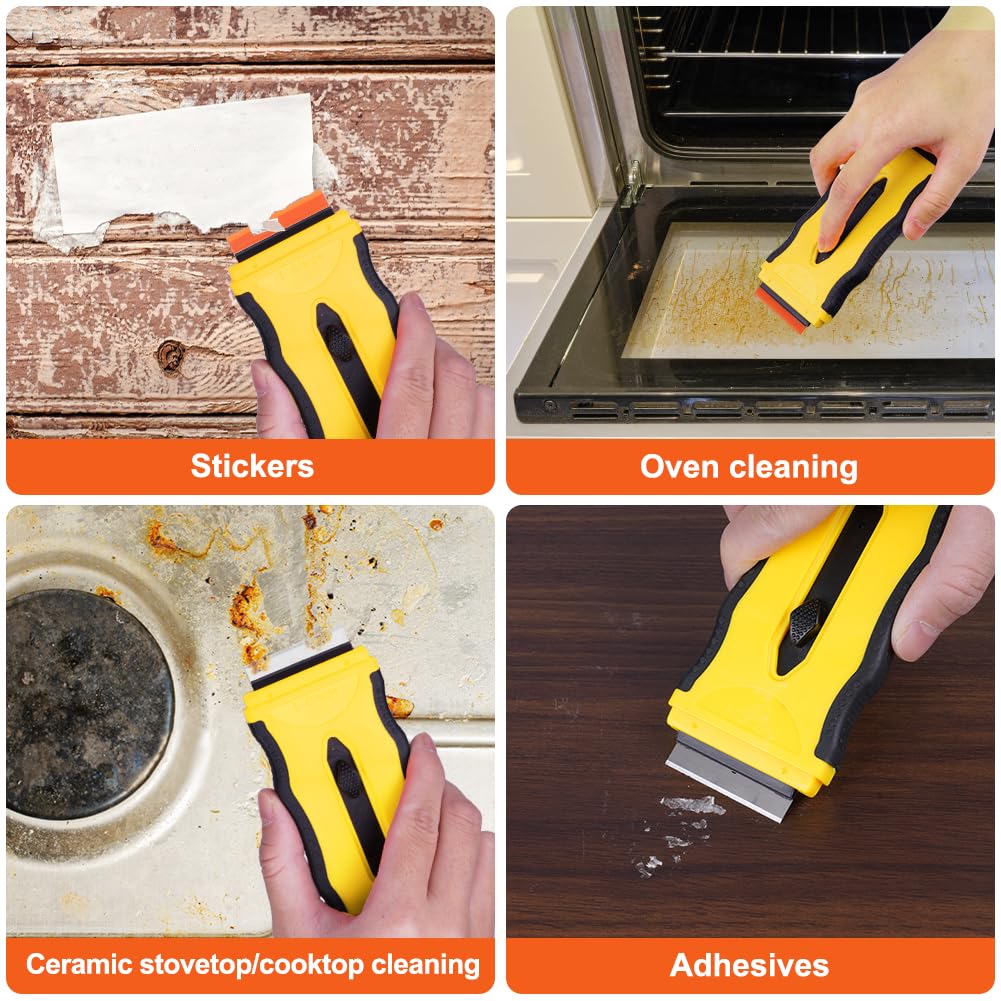 Flintronic 1 Raspador Vitroceramica, Rasqueta Vitroceramica con Cuchilla Retráctil, Rasqueta Multiusos Profesional con 10 Cuchillas para Ventanas, Espejos, Azulejos Limpieza (Amarillo)