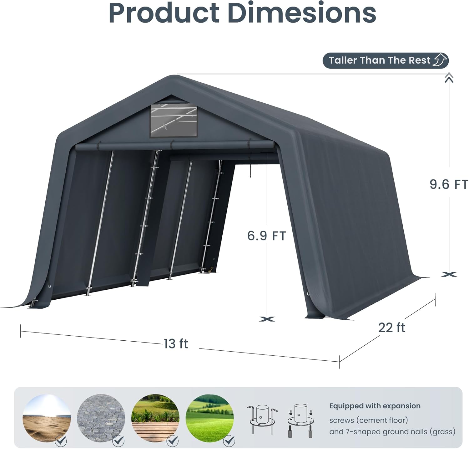PHI VILLA 13’x22’x9.6’ Outdoor Portable Storage Shelter, Waterproof and UV Resistant Garage Tent with Roll-Up Zipper Doors Vents Carport for Motorcycles and Cars (Gray) PHI VILLA 13’x22’x9.6’ Outdoor Portable Storage Shelter, Waterproof and UV Resistant Garage Tent with Roll-Up Zipper Doors Vents Carport for Motorcycles and Cars (Gray)