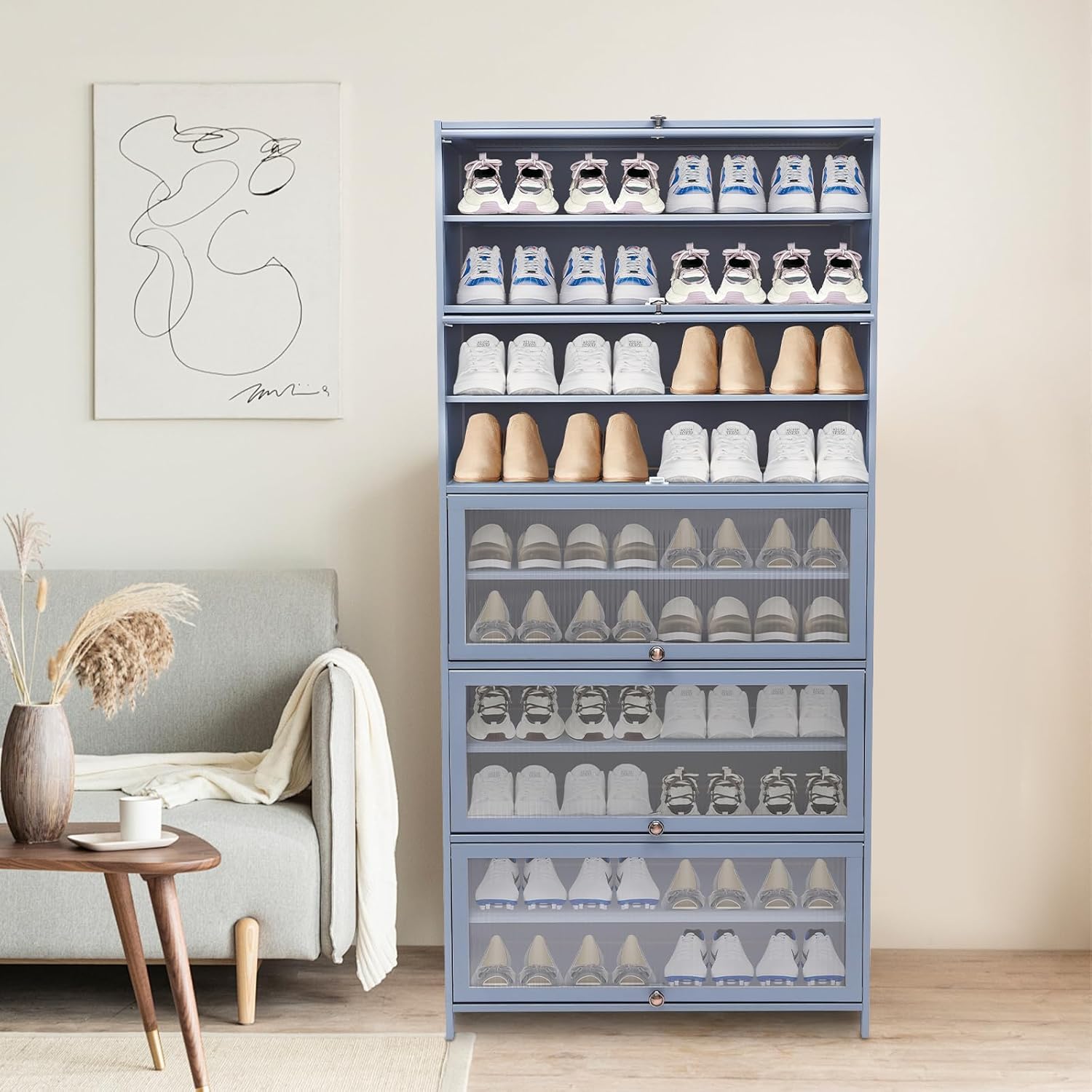 Tall Shoe Cabinet with Clear Acrylic Doors, 10 Tier Bamboo Shoe Rack, 40-45 Pairs Large Capacity Shoe Storage Cabinet Freestanding Organizer Narrow Shoe Shelf for Entryway, Hallway (Grayish Blue)