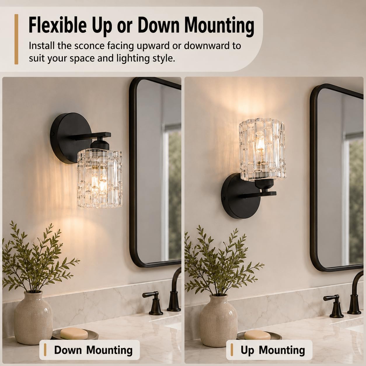 1-Light Modern Matte Black Crystal Wall Sconce, Hardwired Indoor Bathroom Vanity Light Fixture, Crystal Over Mirror Wall Lamp for Living Room, Bedroom, Hallway