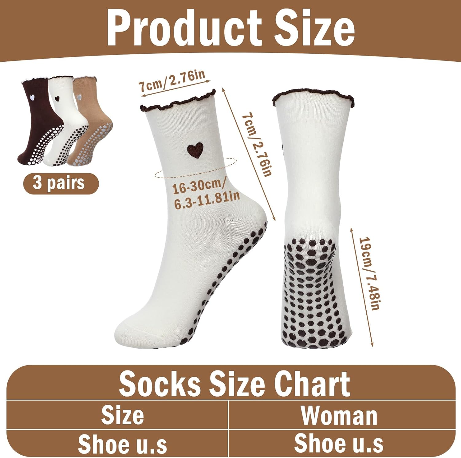 3 Pairs Pilates Grip Socks for Women, Non Slip Cute Yoga Socks Soft Cotton Grippy Barre Crew Sock for Yoga Barre Workout - Image 3