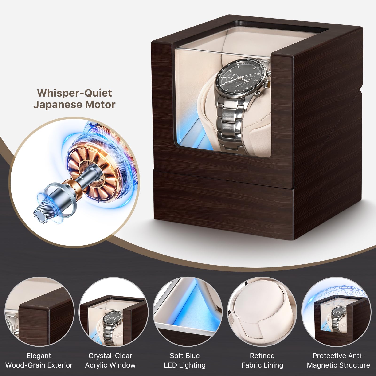 Uhrenbeweger für Automatikuhren, Single Maple Braun Holz Uhrengehäuse, Automatischer Uhrenbeweger mit weichem LED-Licht, Selbstaufziehende Uhrenbox mit leisem japanischem Motor, Premium-Geschenk für