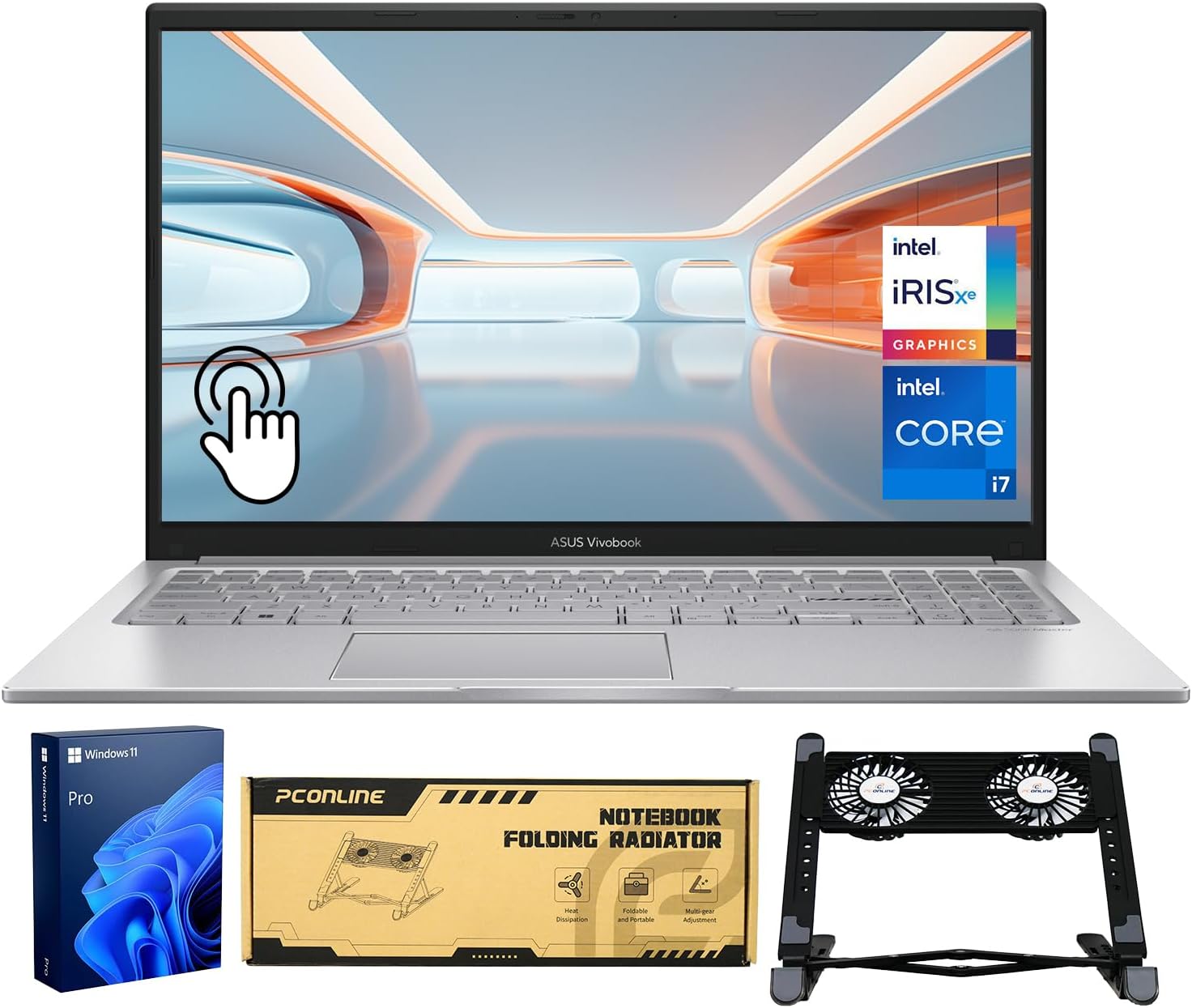 ASUS Vivobook 15.6″ Business Laptop, FHD Touchscreen, Intel 10-Core i7, 24GB RAM, 1TB SSD, Backlit KB, HDMI, Win11Pro, Bundle with PCO Notebook Folding Radiator, Laptop Cooler