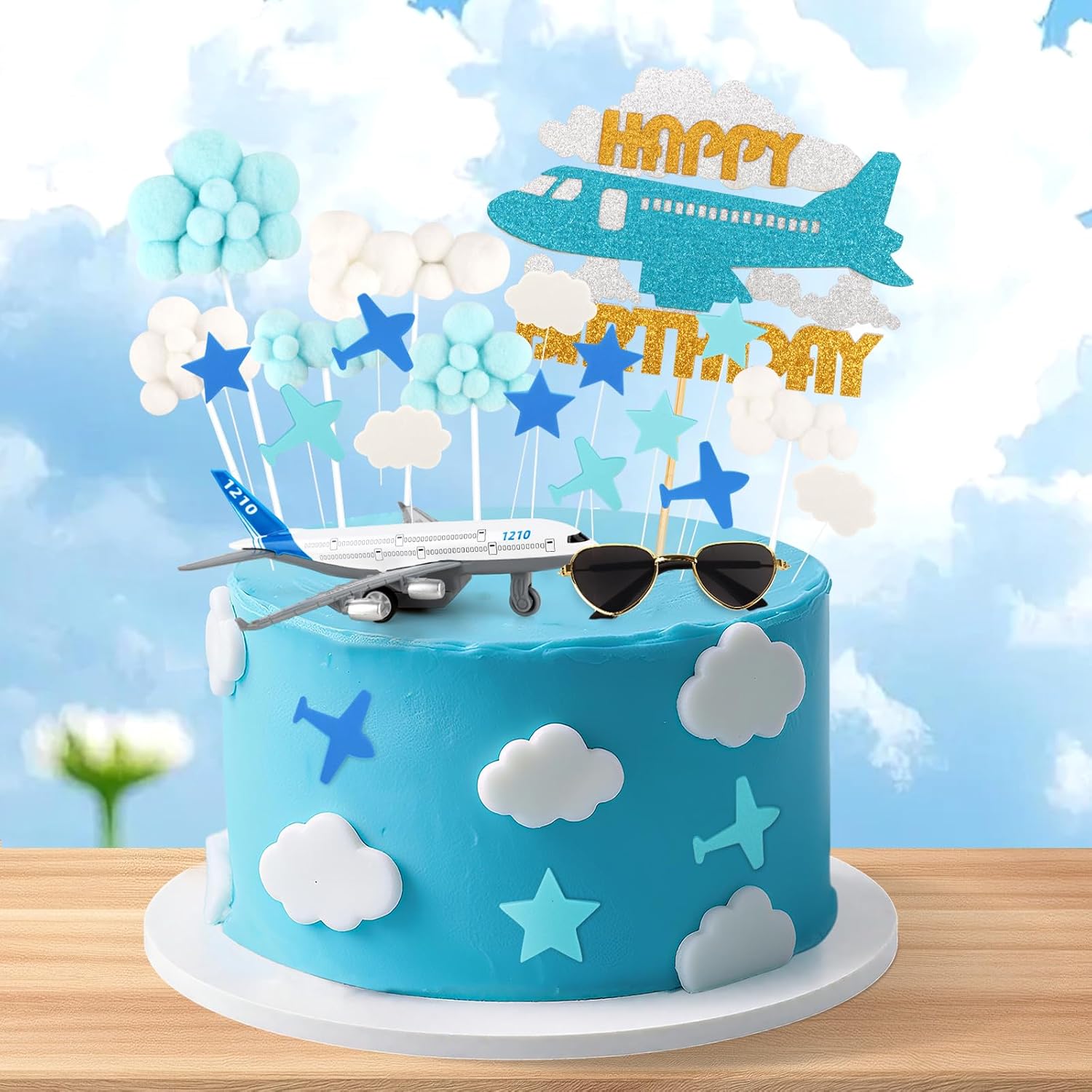 25 Pieces Airplane Cake Decorations Set with Airplane Figurine Aviator Sunglasses Cupcake Toppers for Aircraft Theme Birthday Party Decoration Supplies image 4