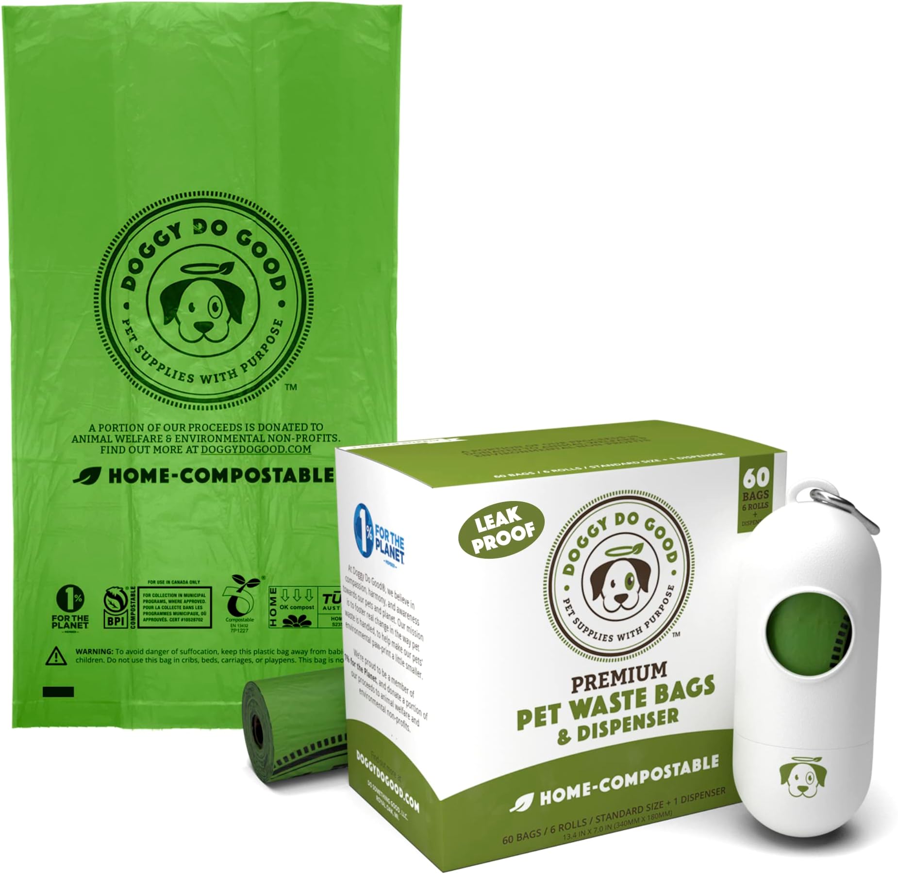 Doggy Do GoodPoop Waste Bags, Unscented USDA Certified Biobased, Leak Proof, Certified Home Compostable, 60 Bags with Premium Dispenser (Standard Size)