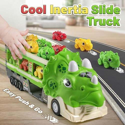 Miniatura 5 de FRUSE Juguete de automóvil para niños de 3, 4, 5 años, camión de dinosaurio 7 en 1, juguete de dinosaurio plegable con 6 autos dinosaurios, 12