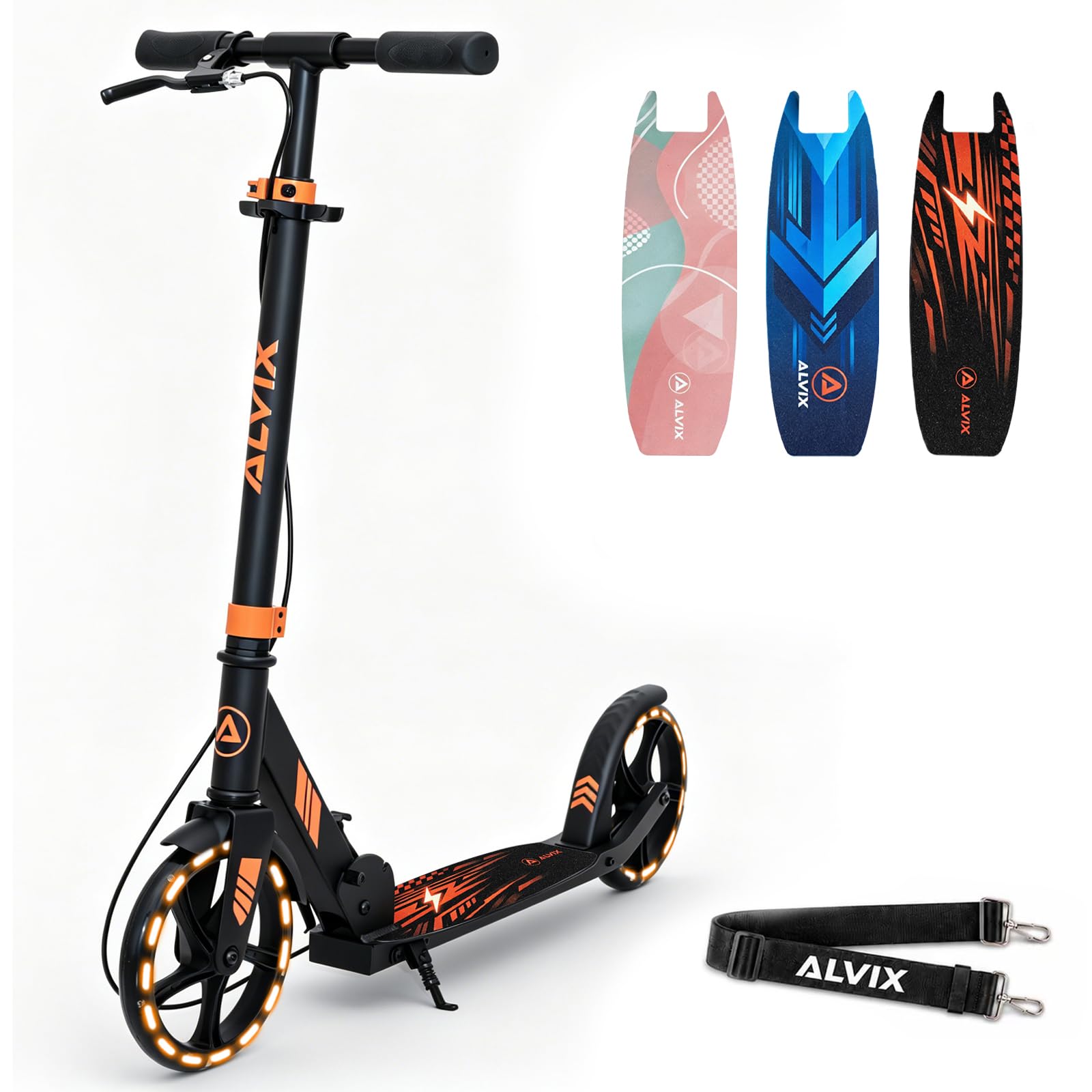 ALVIX Patinete infantil con freno de mano y ruedas LED, altura regulable a partir de 6 años, ruedas de 200 mm, patinete plegable con correa, plataforma ancha, hasta 100 kg