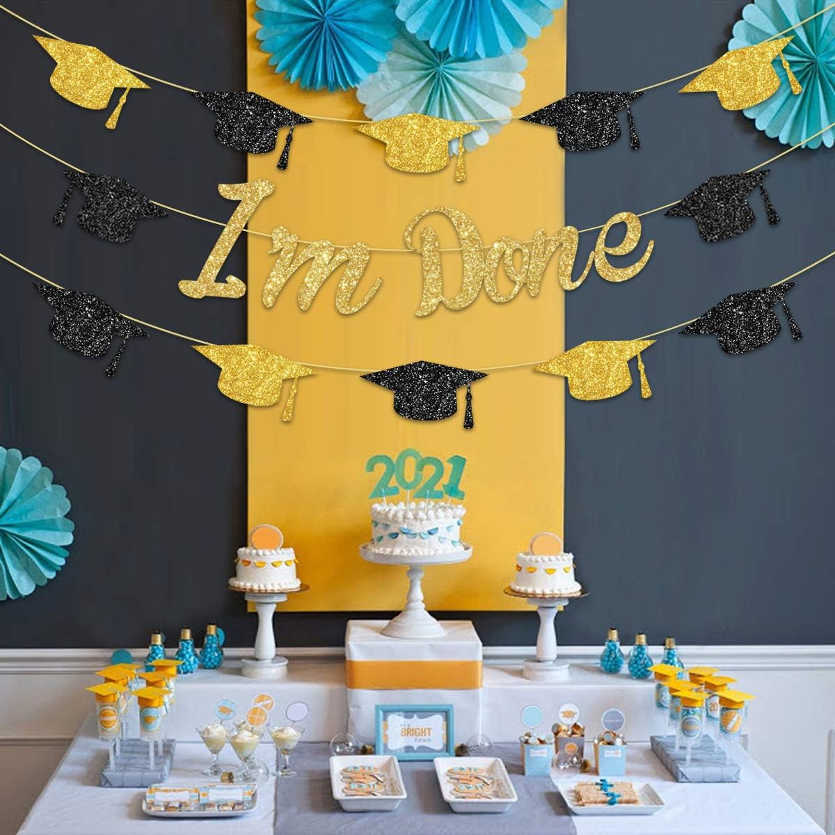 Buy Gold Glitter I’m Done Banner and Grads Hats Garland Black Gold