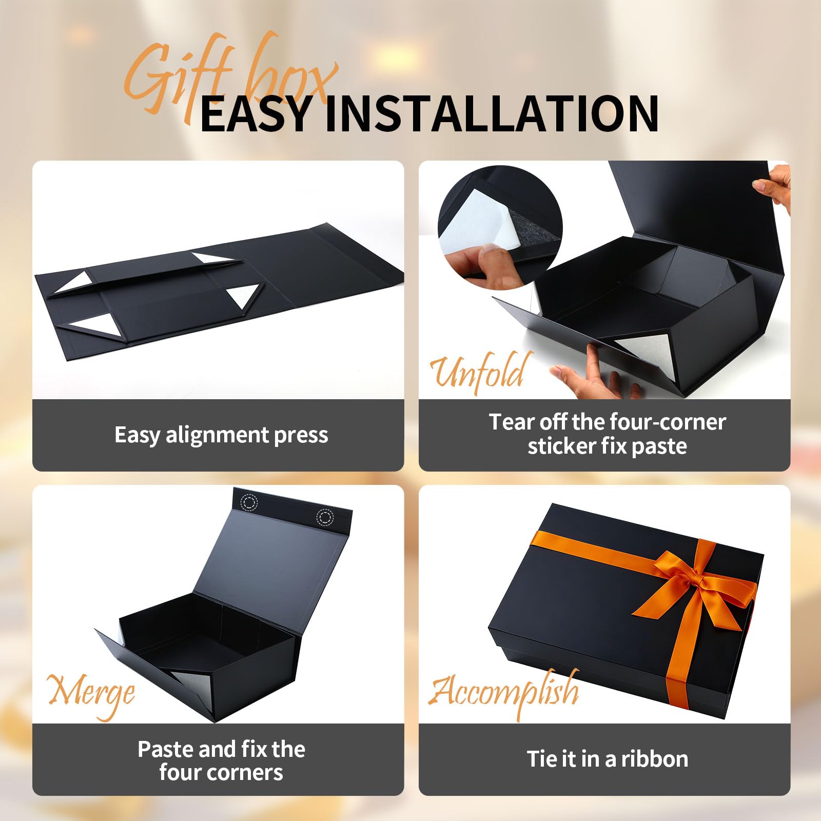 Large Black Magnetic Gift Box with Lid 13x9x4.3 Inch - Reusable Keepsake Box for Groomsmen Gifts, Wedding Proposal, Valentine's Day & Birthday - Includes Satin Ribbon, Gift Card & Paper Filler