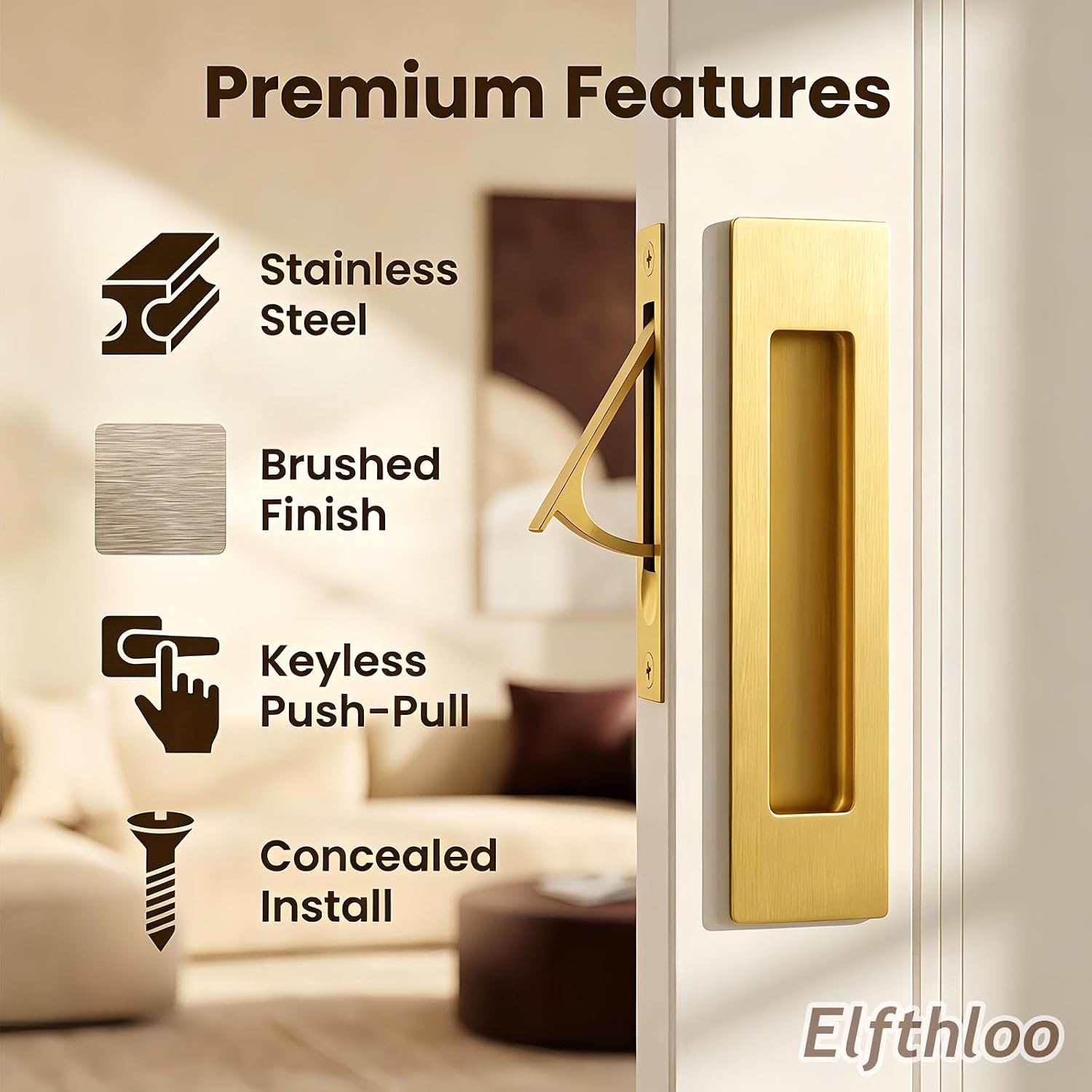 6 in Pocket Door Pulls& Edge Pull Set Solid Wood Sliding Door Hardware Kit, Rectangular Recessed Flush FingerHandle, Used for Pocket & Barn Doors Brushed Gold | Solid Wood Sliding Door Hardware Kit, Rectangular Recessed Flush FingerHandle, Used for Pocket & Barn Doors