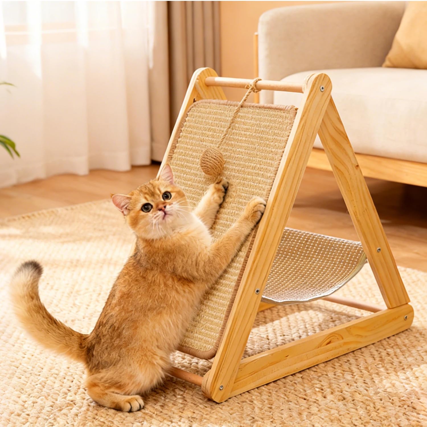 HTSTRAY Cat Scratching Board with Hammock, Triangle Design Sisal Scratch Pad With Wooden Frame, Sturdy Sisal Cat Ramp Scratcher for Indoor Kittens, 52x35x46cm Pet Furniture for All Cats