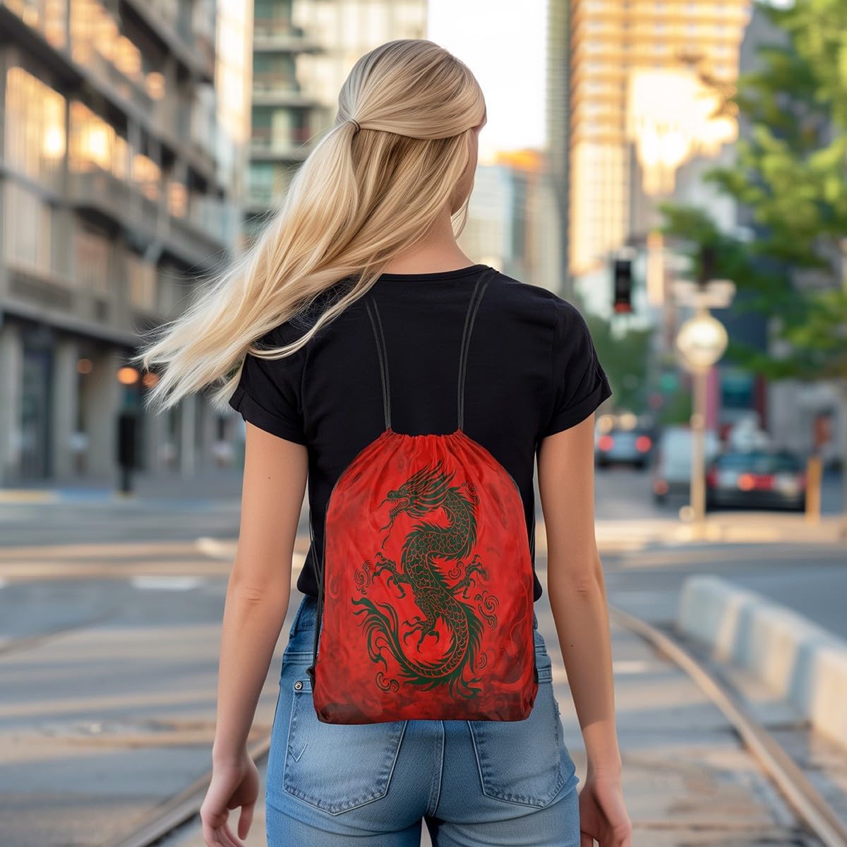 Castle Fairy Chinese Loong String Bag 16X13 Inch Dragon Wildlife Animals Sports Backpack Birthday Gifts Exotic Boho Red Graffiti Drawstring Bags for Women Gym Shopping Sport Yoga
